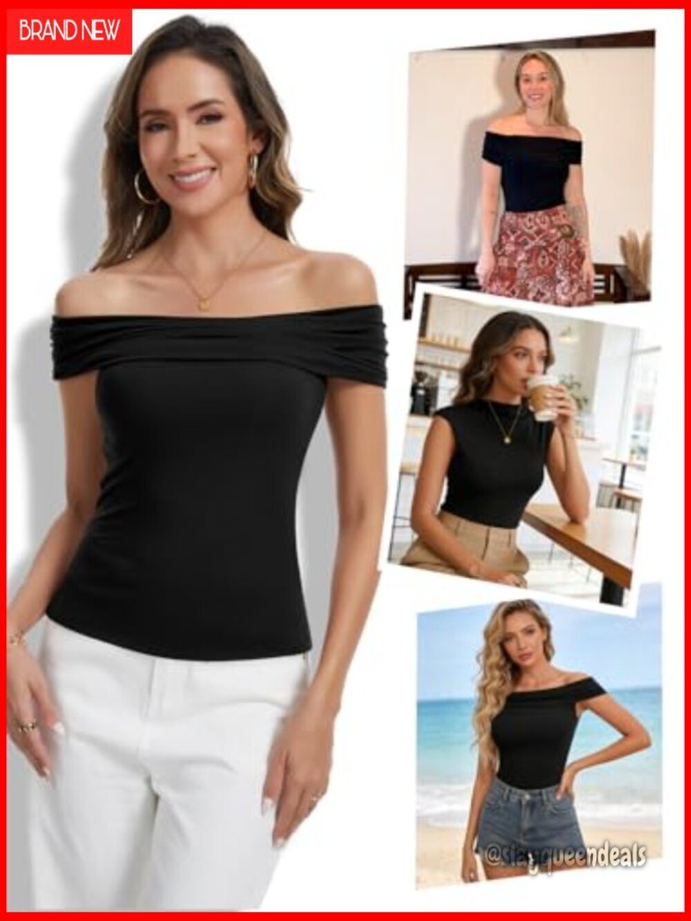 Built-in Bra Off Shoulder Boat Neck Tee Summer Casual Top - Picture 6 of 7
